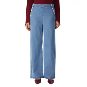 Vinova US Women's High Waist Wide Leg Sailor Pants Casual Button Denim Jeans