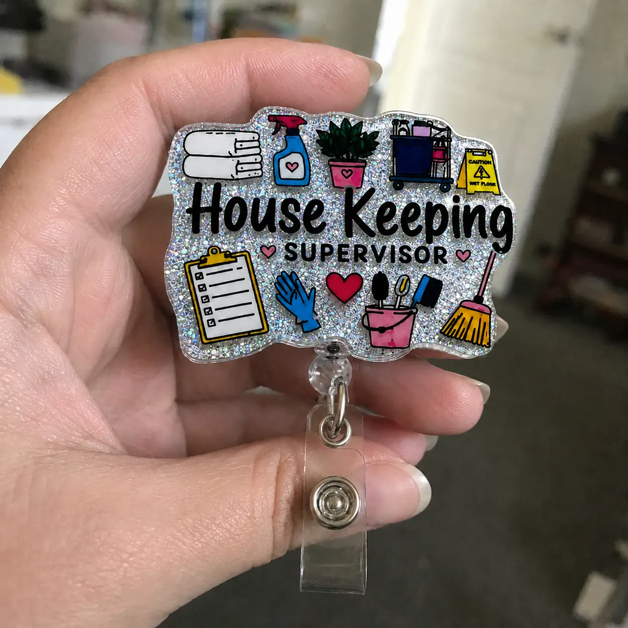 Housekeeping Supervisor Badge Reel, EVS Lead Glitter Acrylic Badge Holder, Retractable Clip Hotel Hospital Housekeeping Manager