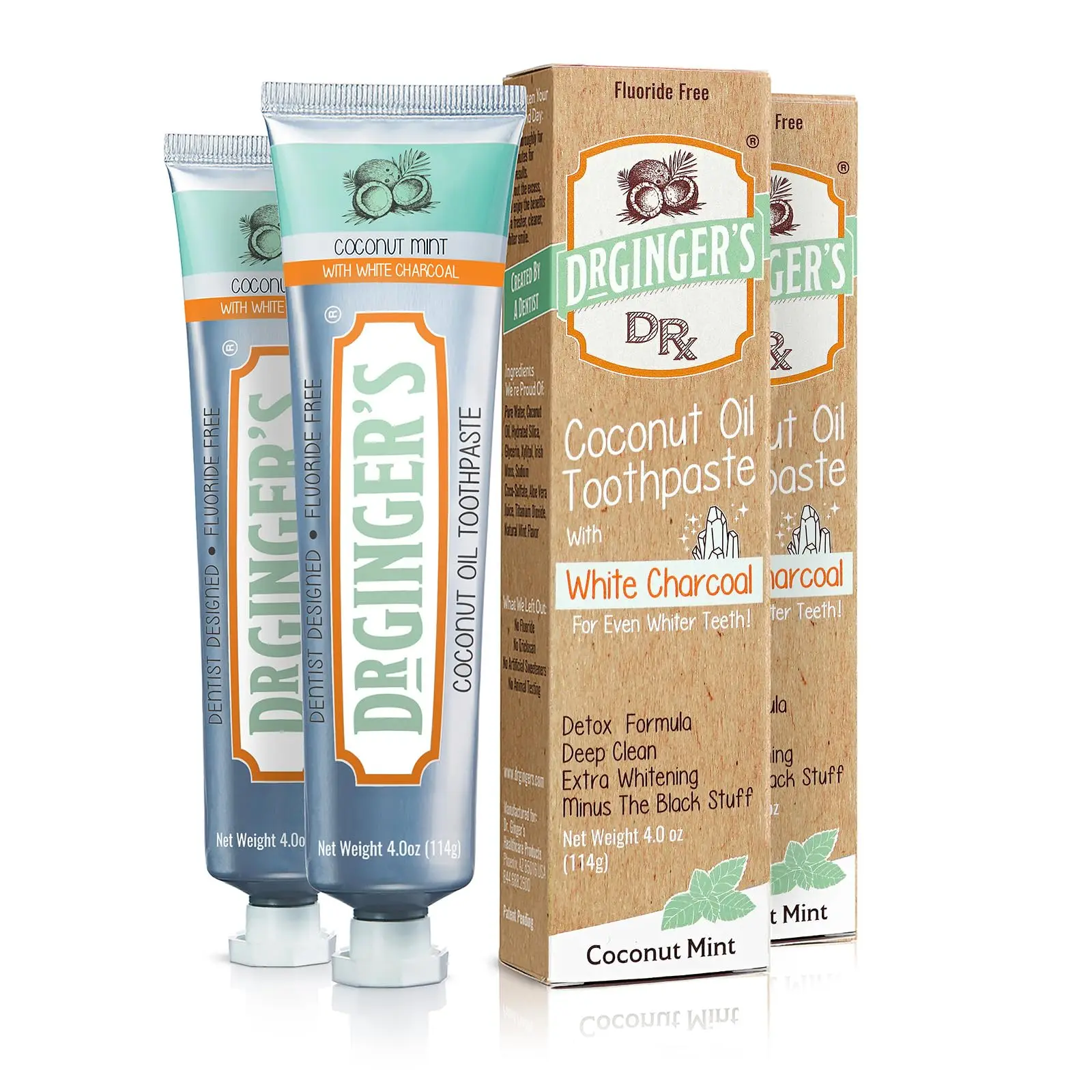 DR GINGER'S 2 Pack 4oz White Charcoal Toothpaste with Coconut Oil & Xylitol All-Natural Whitening Enamel-Safe Sensitive Oral Care Premium Coconut Mint Flavor
