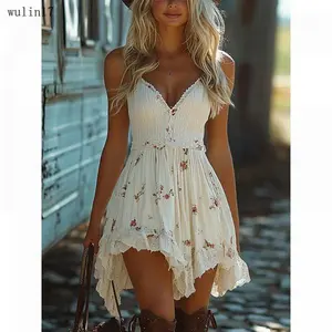 New2025A Euro-American size women's dress featuring a retro Western denim halter with floral prints and an irregular hem