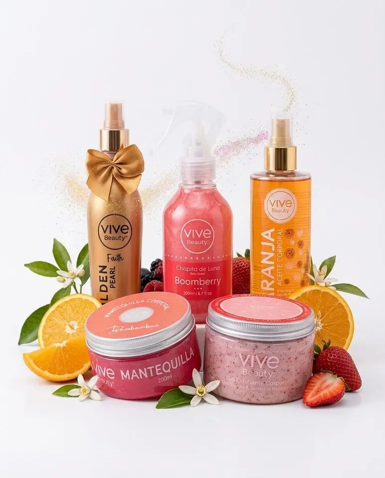 Vive Beauty Pink Care Body Kit – 5 Piece Fruity Body Care Set with Strawberry Scrub, Body Butter, Orange Oil, Berry Shimmer & Golden Body Mist