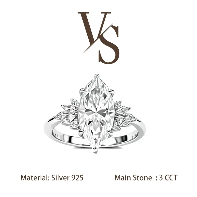[Venus Jewelry] Synthetic Moissanite 3 CCT Marquise Cut Cluster VVS 1 D Color Solid Silver 925 Sparkle Ring