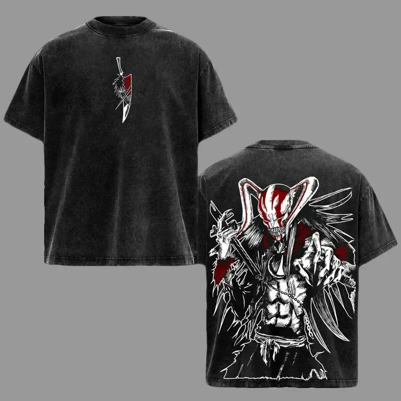 Men's Short-Sleeve Ichigo Kurosaki Bleach Anime T-Shirt - Menswear Tops, Acid Wash Oversized Graphic, Heavyweight Cotton Streetwear, Unisex Relaxed Fit, Gift for Anime Lovers Crewneck Tshirt
