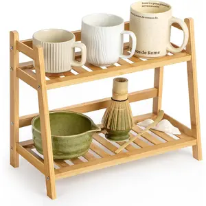 Bamboo Matcha Station Organizer, Countertop 2 Tier Desktop Shelf for Mugs, Cups and Condiments, Ideal for Matcha & Coffee Accessories in Kitchen, Home and Office
