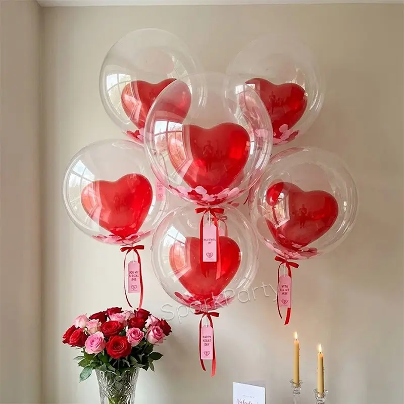 12pcs Valentine's Day Romantic Balloon Set, 18-Inch Clear Bubble Ball + 10-Inch Heart Balloon, Valentines Balloons, Party Decor, Balloon Decoration, Gift, Photo Background