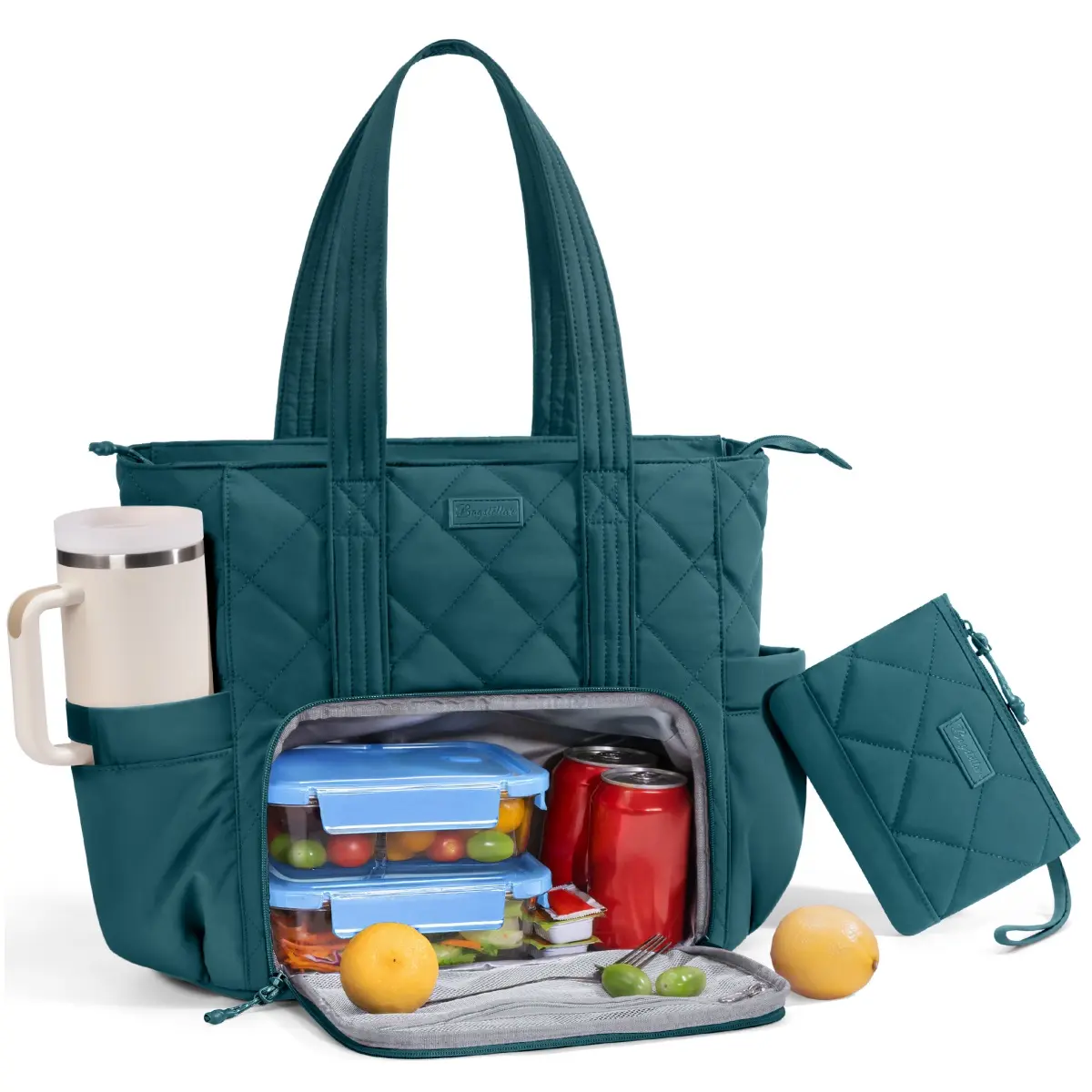 Bagstellar Lunch Tote Bag for Women, 3 in 1 Work Bag with Lunch Compartment Lightweight 15.6” Laptop Bag w/ 40oz Cup Holder, Puffer Lunch Box Women Cooler Purse for Office Picnic Travel Teacher Nurse