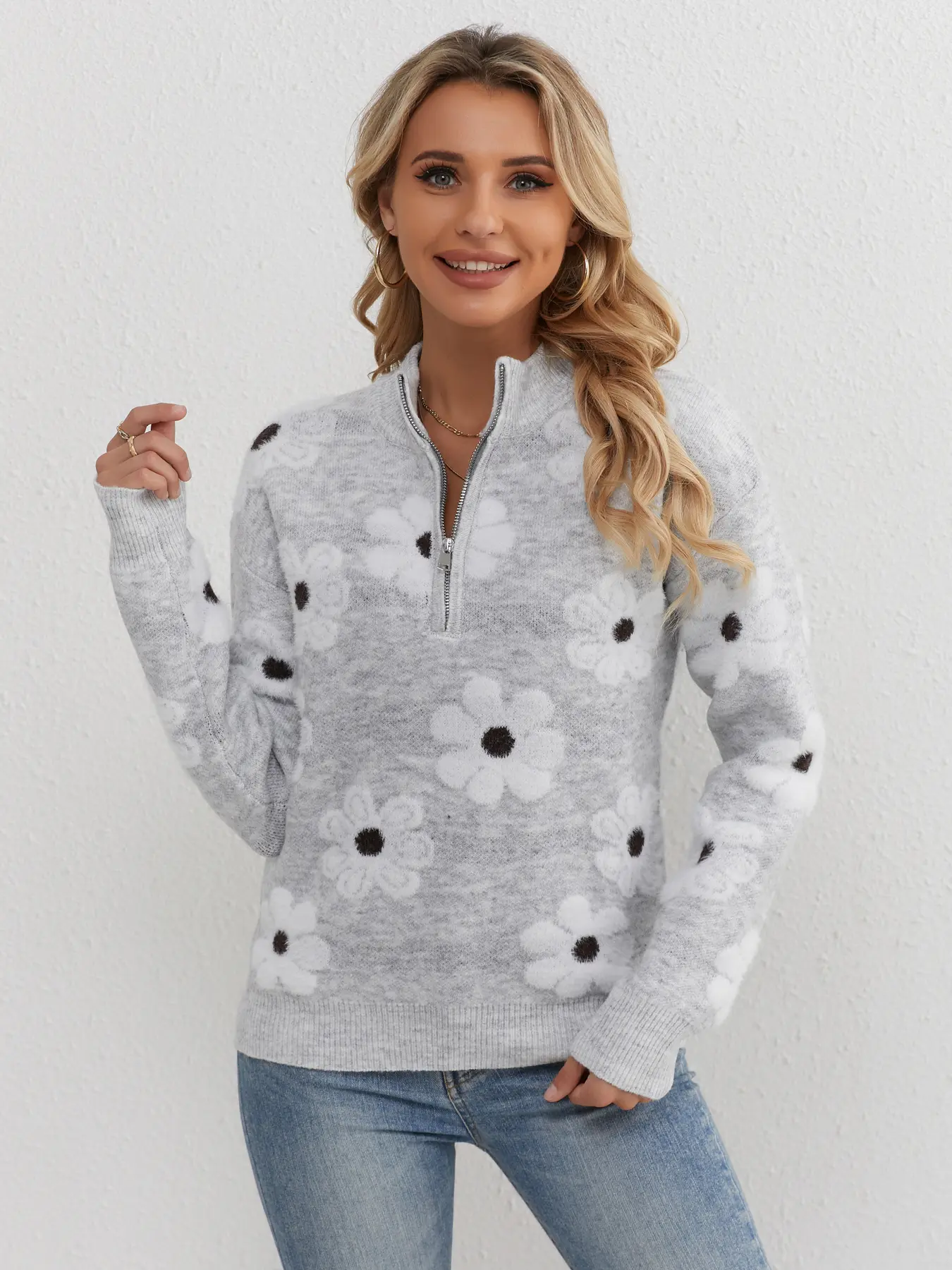Cute Daisy Floral Quarter Zip Pullover - Women's Fuzzy Knit Sweater Cozy Winter Aesthetic Top Everyday Knitwear Soft Womenswear