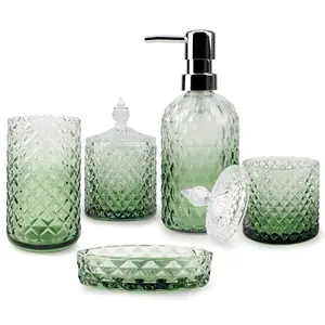 5Pcs Clear Gold Bathroom Accessories Set,Glass Bathroom Accessory Set, Bathroom Counter Sink Toothbrush Holder Set Includes Hand/Lotion Soap Dispenser & Tumbler & Soap Dish & Qtip Holders