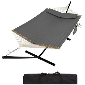 2 Person Gray Outdoor Hammock with Stand, Portable Hammock, Heavy Duty Hammock with Carrying Bag, Soft Pillow, Balance Ropes, for Patio, Backyard, Garden, Beach