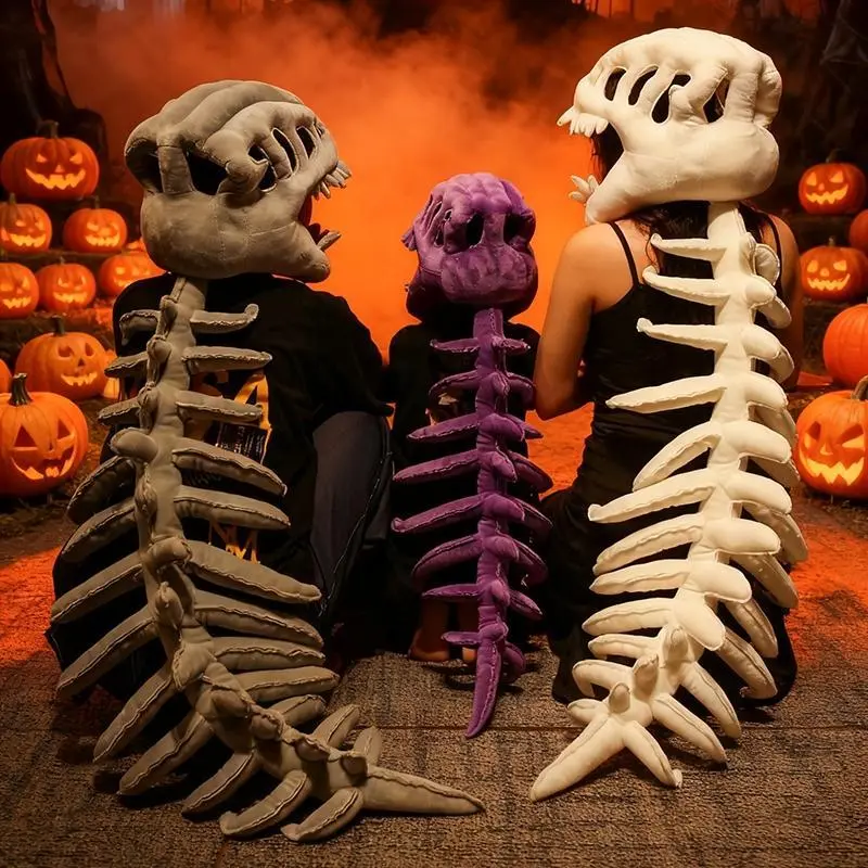 Unisex Wearable Dinosaur Skeleton Plush Set - 3D Realistic Design Spine & Skull Pillow, 4 Vibrant Color Options Stuffed Cushion for Halloween Cosplay, Gaming Room Bed Decor, Adults and Kids Toys