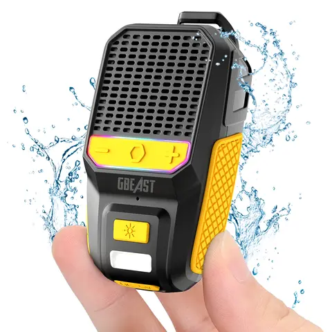 GBEAST Durable Plastic Clip-On Bluetooth 5.4 Speaker - Mini Portable Device, Stereo Surround Sound, HD Calls with Noise-Cut Mic, RGB LED Light, Flashlight, IPX6 Waterproof, Long-Lasting Battery, Camping Use, Father's Day Gift, Party Vibes