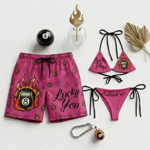 Matching Swimwear for Couples “Lucky 8 Ball” Y2K Bikini Set & Swim Shorts – Recycled Graphic Streetwear Swimwear, Couple Beach Outfit, Gift for Couples, Summer Vacation Set