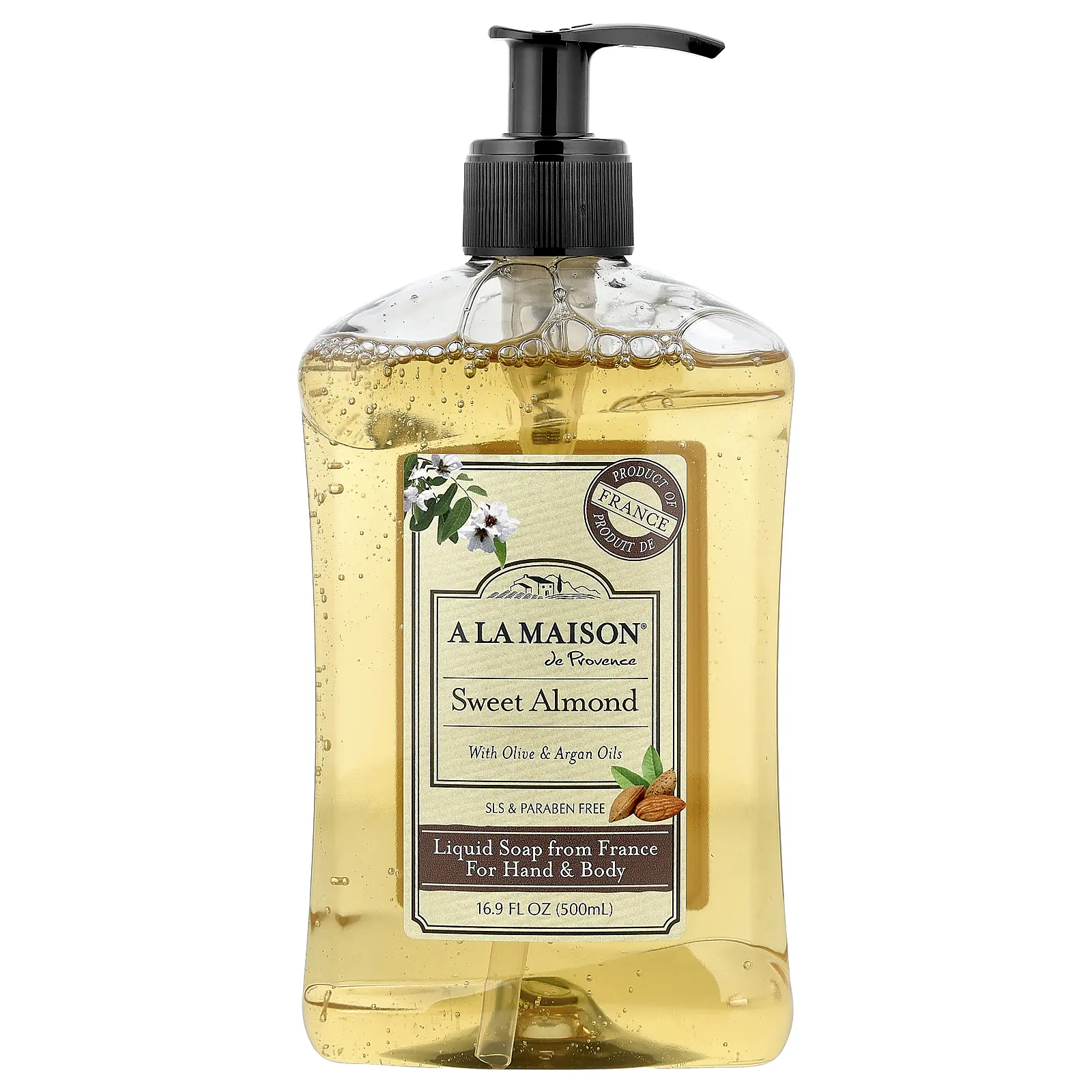 A La Maison de Provence Liquid Soap For Hand & Body, Sweet Almond, 16.9 fl oz (500 ml)