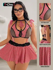 Valentine's Day Rose Plaid Checkered Skirt Bralette Role Play Plus Size Student Cosplay Costumes, Comfortable Breathable Daily Wear, Fashionable Look Underwear