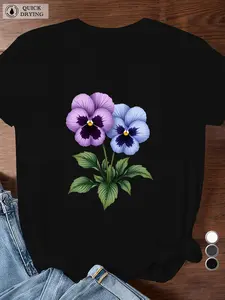 Women'S Black T-Shirt with Vibrant Pansy Flower Design - Short Sleeve, Round Neck, Casual Style,, Machine Washable, Casual Wear Round Neck Shirt Stretchy Fabric