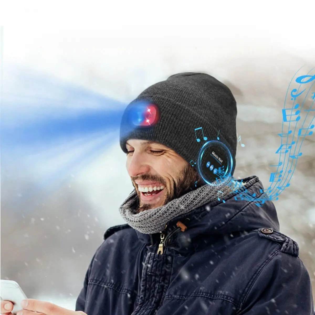 2-in-1 Smart Beanie with Bluetooth & LED Unisex Wireless Earphones Built-in Headlamp Cap Winter Outdoor Hat for Hiking Cycling Camping Running Perfect Tech Gift for Active Men Hands-Free Headlamp Hat for Night Activities