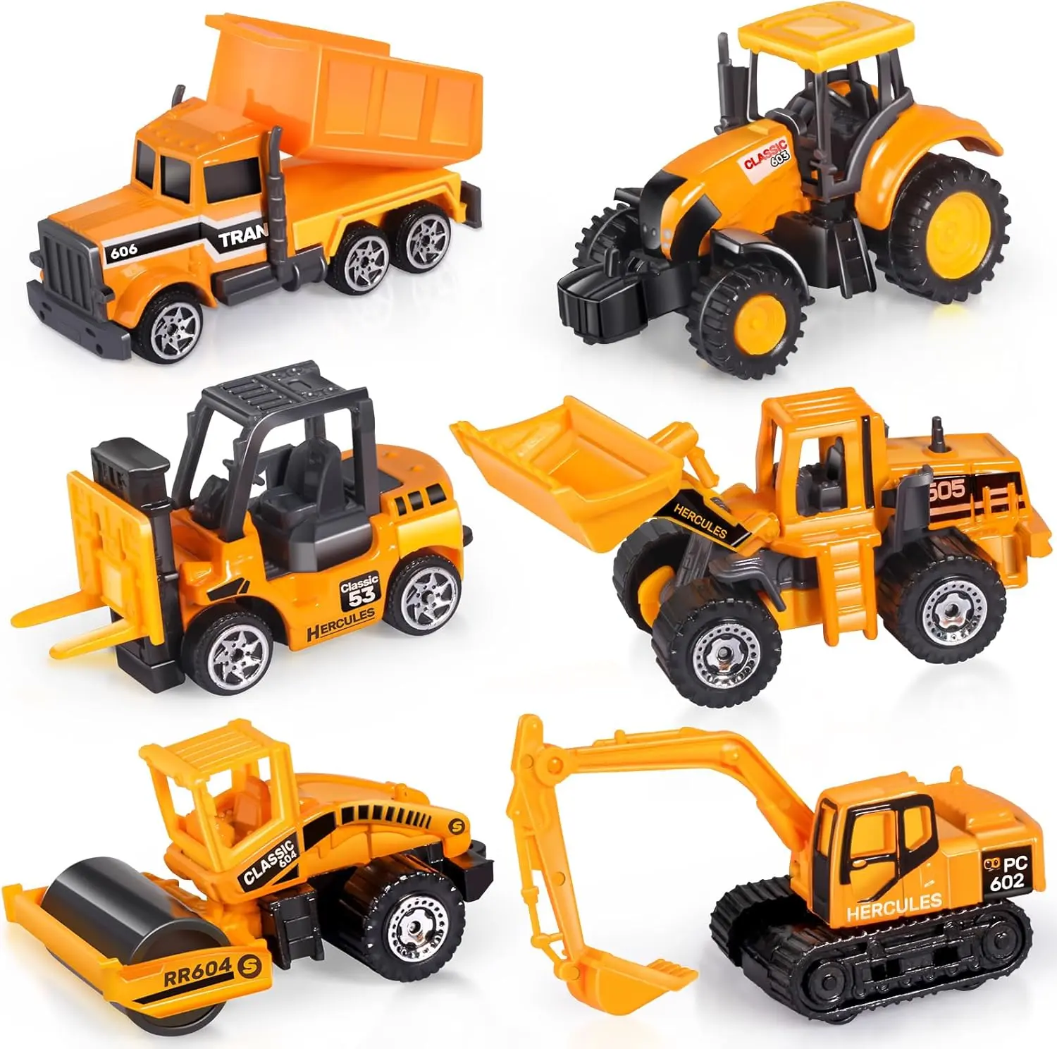 Unisex Construction 6PCS Diecast Car Set - Mini Learning Vehicles for 5+ Years, PVC-Free Toys Including Bulldozer, Excavator, Forklift & Dump Truck