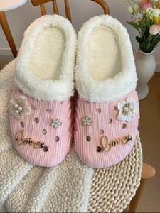 women's fall winter casual fashion comfortable home shoes, thick sole non-slip slippers with floral rhinestone decor, eva material