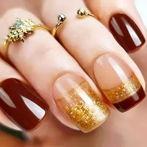 24pcs Chocolate Glitter Nail Tips, Short Square Fake Nails, Reusable Acrylic Press-On Nails, Easy DIY Manicure Set