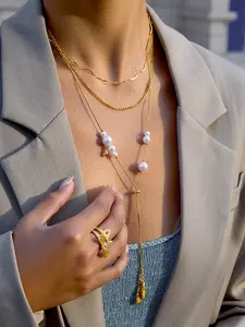 Classic 18k Gold Plated Stainless Steel Faux Pearl Necklace, Teardrop Zircon Pendant, Elegant Chain Design, All Seasons Jewelry