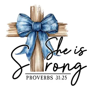 She Is strong Cross And Blue Bow Direct To Film Print, DTF Print, Ready To Press Print For T Shirts