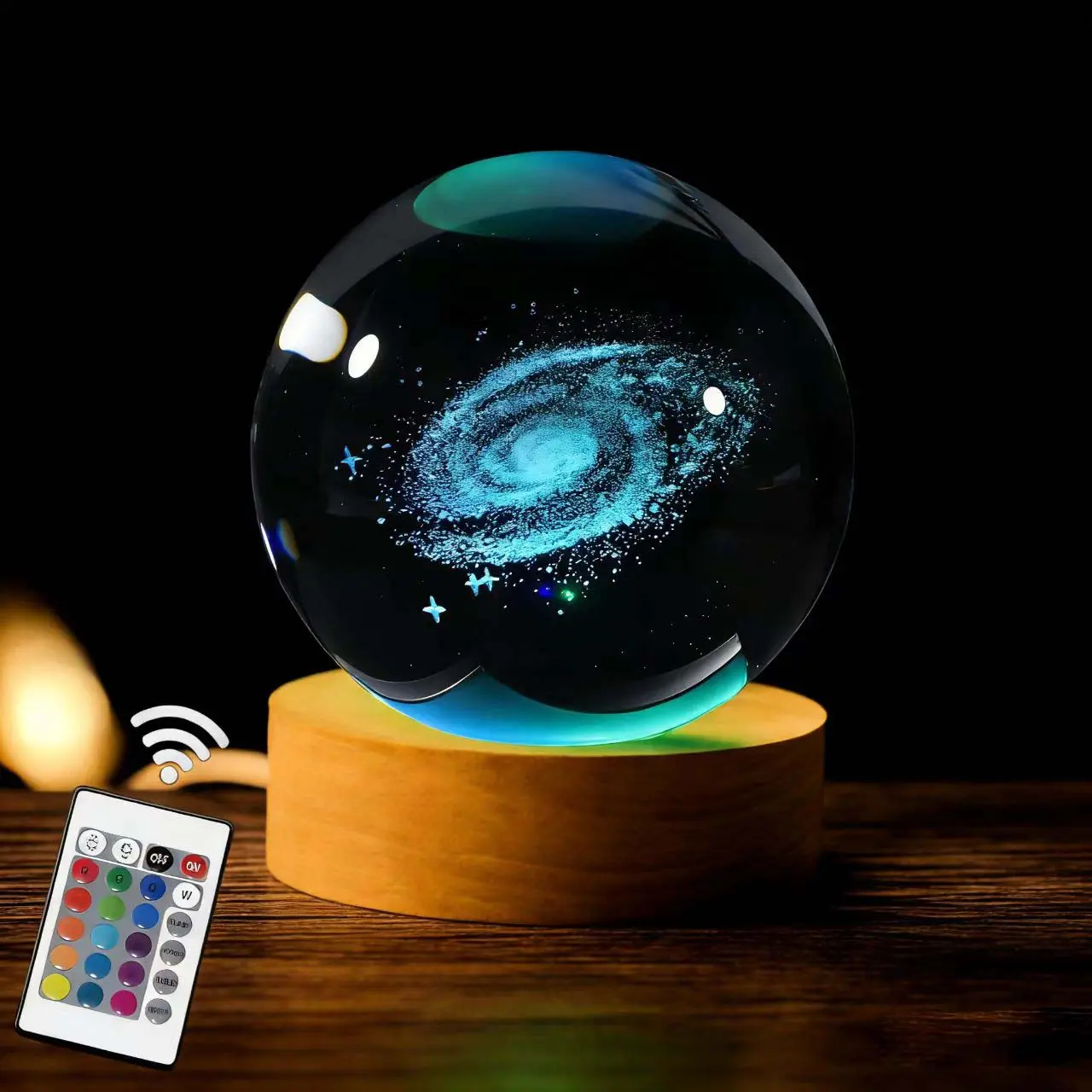 6cm Plastic Galaxy Crystal Ball Decorative Light with Wooden Base, 16-Color Changing Dimmable Remote Control, Laser Engraved Holographic Projector Mood Light for Bedrooms, Nightstand Decor, Projector Night Lights
