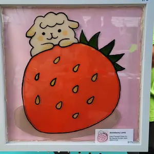 Lamb on Strawberry Glass art with lights in shadowbox