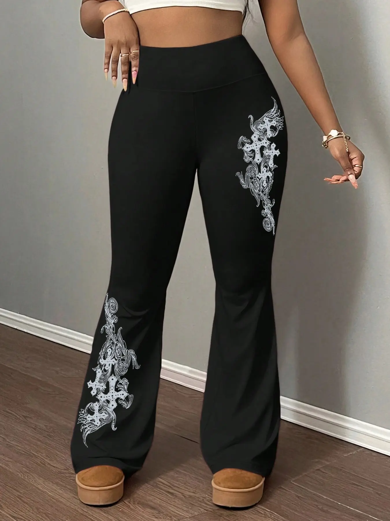 Women's Graphic Wing Print Fitted Bell-Bottom Pants, Wide Waist Design for Tummy Tuck and Butt Lift, Elegant All-Season Casual Workout Leggings for Daily Wear and Gym, Athleisure Fitness Pants, Athletic Casual Pants, Active Pants
