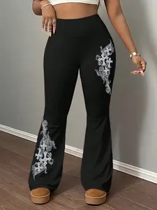 Women's Graphic Wing Print Fitted Bell-Bottom Pants, Wide Waist Design for Tummy Tuck and Butt Lift, Elegant All-Season Casual Leggings for Daily Wear and Gym