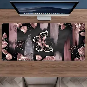 Butterfly & Rose XXL Extended Gaming Mouse Pad, Large Desk Mat with Non-Slip Rubber Base, Stitched Edges, Waterproof Surface, Durable Computer Accessory for Gaming Setup, Home Office & Workstation, Ideal Gift for Gamers, Nature Lovers, Boys, Girls & Teens