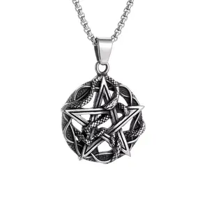 Retro Gothic Pentagram Snake King Pendant Necklace for Men Fashion Punk Animal Style Jewelry Halloween Gift