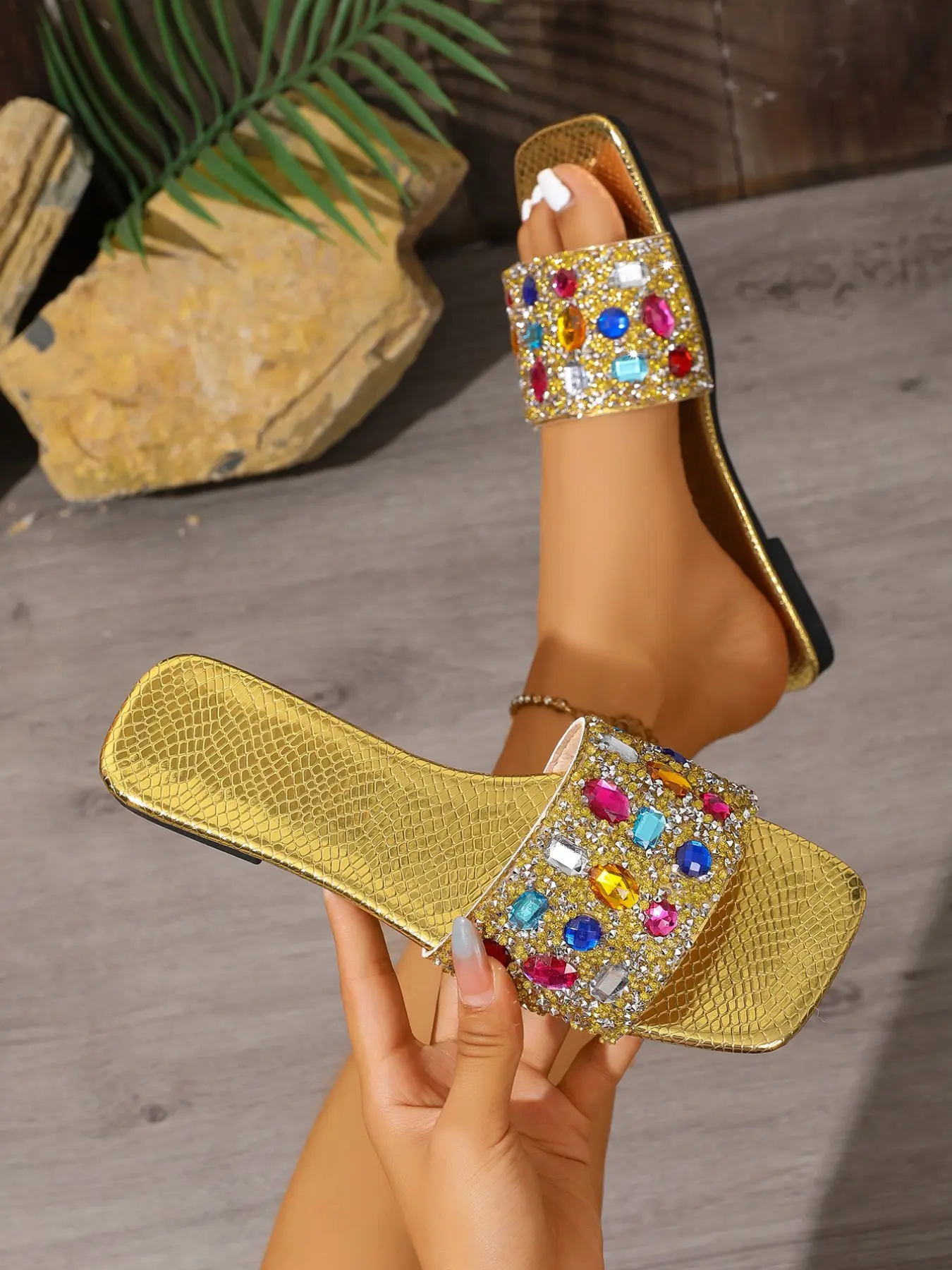 Women's Snake Print Sandals, Full Rhinestone Embellishment, Square Toe Strap Design, Comfortable Flat Shoes for Summer, Casual Flat Sandals, Flat Rubber Sandals