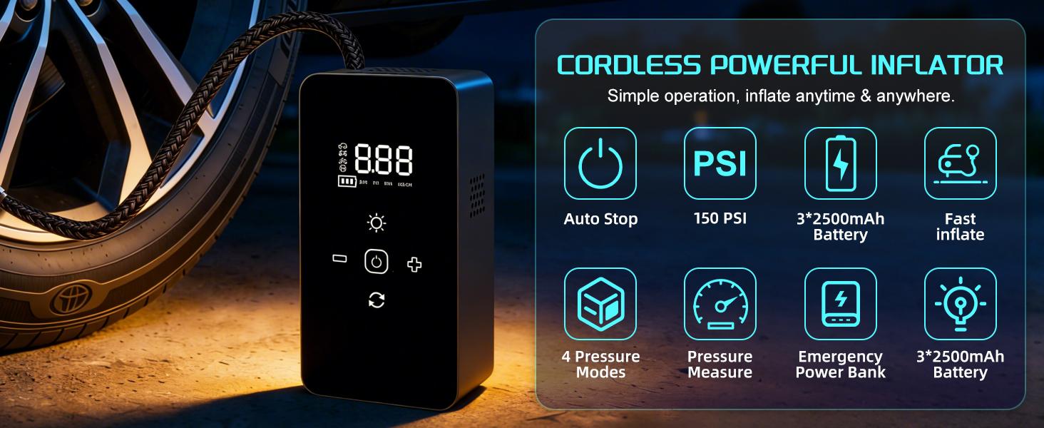 Portable Tire Inflator, 150 PSI Air Compressor, Digital Dual Display, LED Light for Night Use, Suitable for Cars, Motorcycles, Bikes and Balls