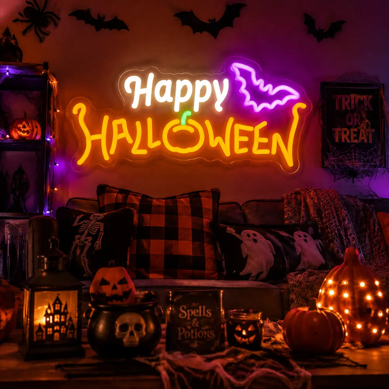 Halloween Neon Sign LED Light Happy Halloween Wall Decor Bat Pumpkin Light Halloween Decorations for Home Party Room Porch Window Bedroom Bar Hanging Neon Lamp USB Powered Holiday Festival Decoration Spooky Theme Party Supplies