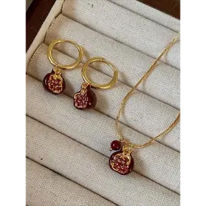 Vintage Garnet Pendant Necklace Earrings Set, Cute Design Copper Chain Jewelry for Women, All Season Party Style Accessories