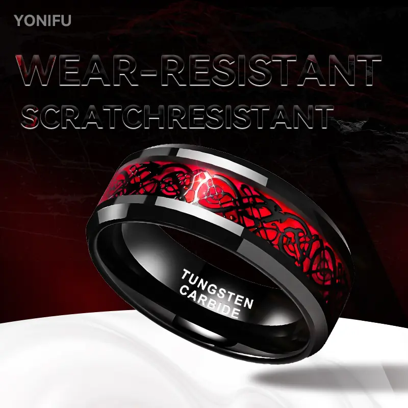 Yonifu Men's 8mm Tungsten Carbide Ring, Modern Wedding Band with Red Celtic Dragon Inlay, Scratchproof Comfort Fit, Polished Black Finish, Tungsten Carbide Rings, Tungsten Rings, Scratch Resistant