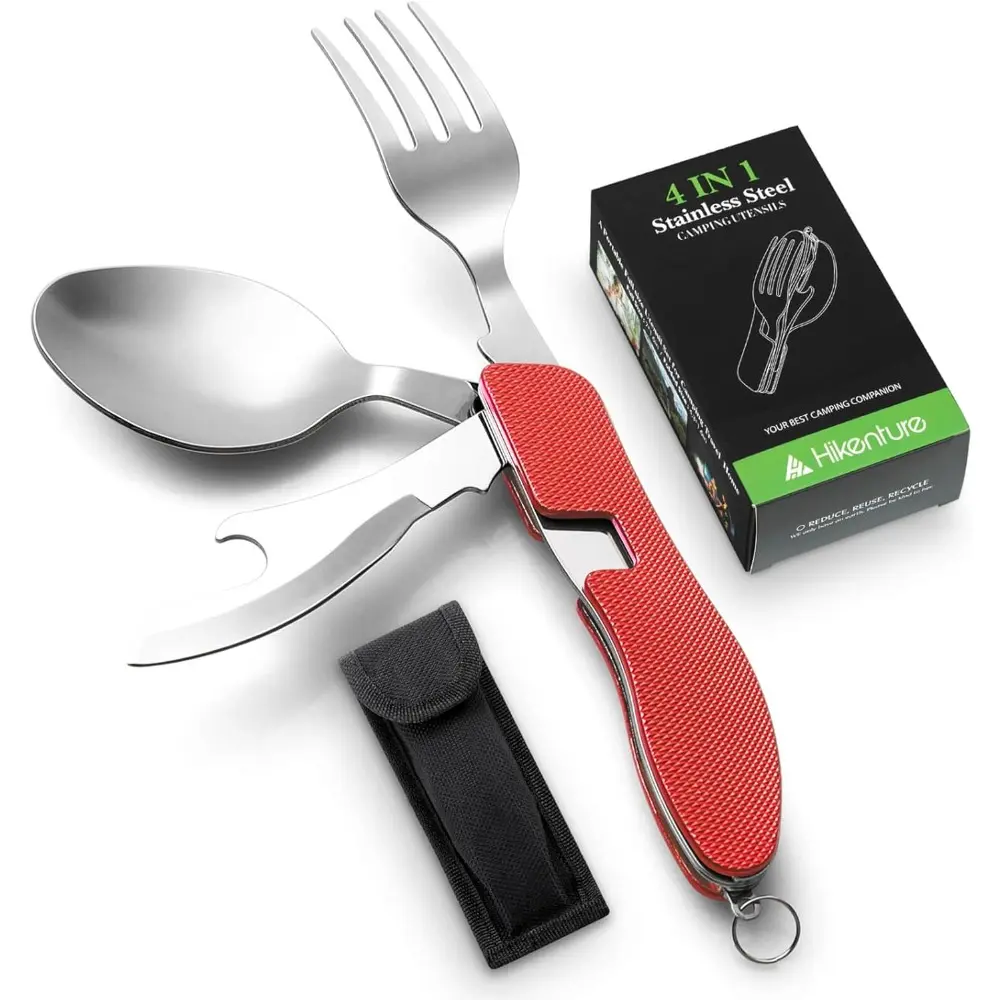 Stainless Steel 4-in-1 Foldable Compact Camping Cutlery Set - Pocket-Sized, Stain-Resistant, Sustainable, Removable Parts, Detachable Fork Spoon Knife, Bottle Opener, Portable Tableware for Camping, Picnic (Red, Boy Scout Gift)