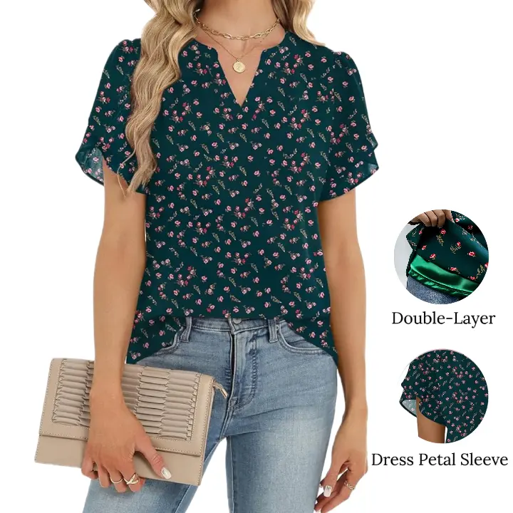 Women's Dressy Casual Chiffon Blouse Short Sleeve V Neck Double-Layer Comfort Petal Sleeves Smooth Drape Feminine Lady's Work & Business Casual Summer Tops 2026 Blazers Elegant Floral Floral summerwins
