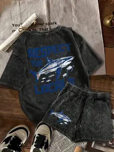 Two-Piece Set Women's Shark Print Tee & Shorts, Casual Round Neck Short Sleeve T-Shirt & Shorts, Ladies Summer Clothes for Daily Wear, Suits
