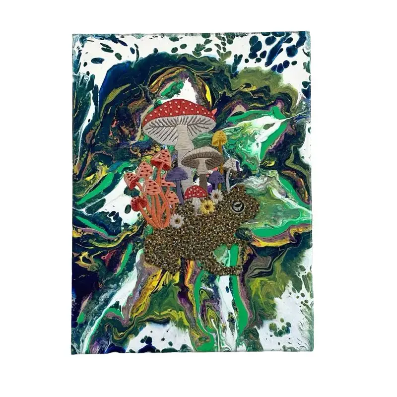 Hannah's Fiber Arts Mixed Media Pour Painted Hand Embroidered 12x14 Canvas Wall Art Home Decor with Colorful Mushrooms and Abstract Patterns