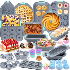 96/51/45 Pieces, Pieces Silicone Baking Pans Set, 10 Silicone Cake Molds, Loaf Pan and Muffin Pans, Non-Stick Baking Cup, with Measuring Cups and Spoons Set, Grey