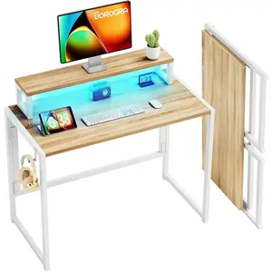 Small Folding Desk 31.5 Inch, Foldable Computer Desks with LED Lights and Monitor Stand, Work Portable Table for Bedroom Home Office, Oak
