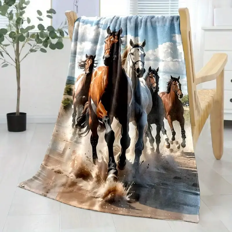 Soft & Cozy Flannel Throw Blanket with Running Horse Print - Travel Blanket for Home, Camping, Bed, Sofa Use - Easy Care, Machine Washable, Flannel Blankets