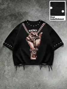 Men's Casual Streetwear Short Sleeve Graphic T-Shirt, Tattoo Hand Cross Pendant, Cuban Chain, Rhinestone Saint Letter Print, Comfortable Daily Wear, Outdoor Activities