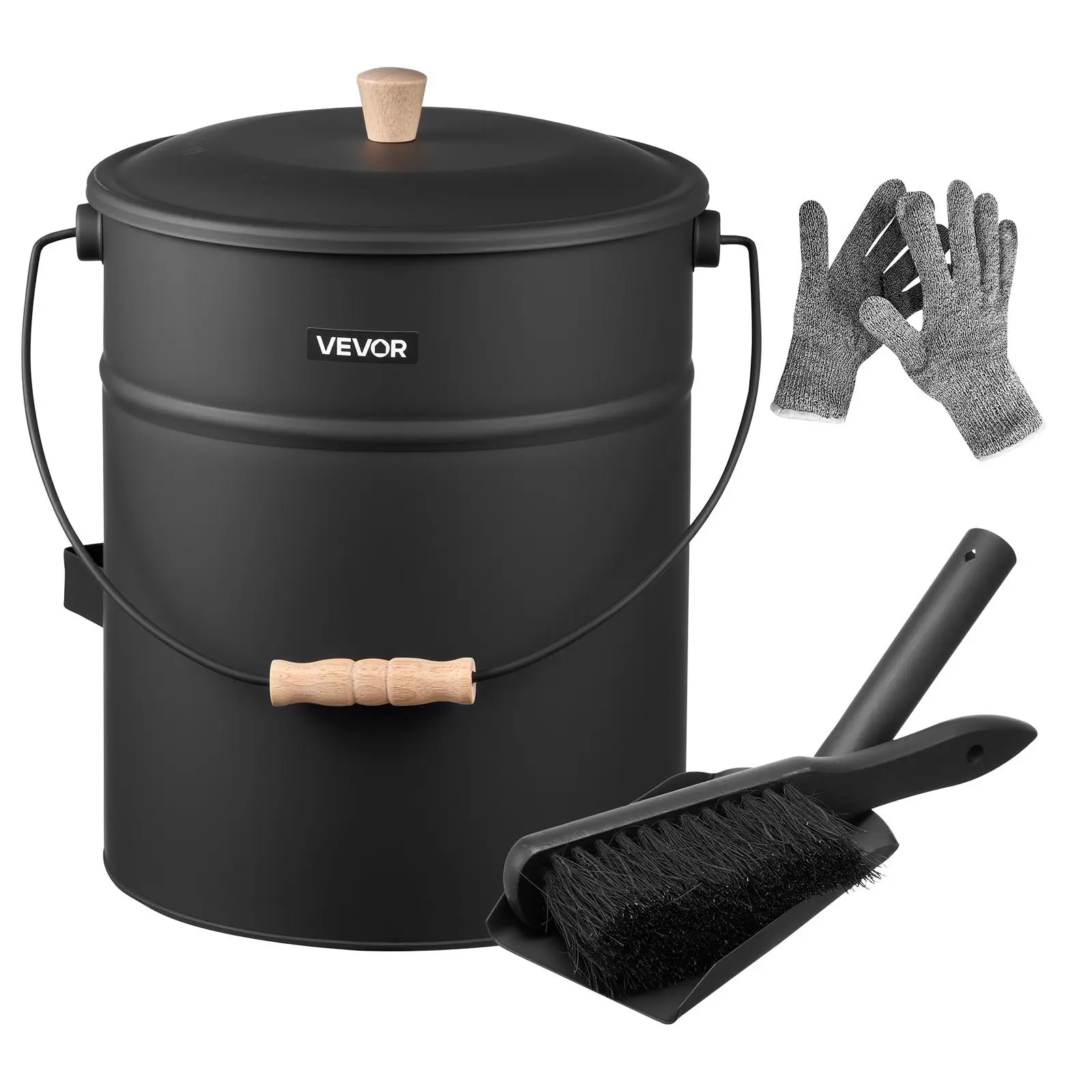 【Summerfinds】VEVOR 4-Piece Carbon Steel Fireplace Cleaning Tool Kit - 4 gal Anti-Spill Lid Ash Bucket, Shovel, Brush, Gloves, 10x10in Compact, 3.57lbs Corrosion-Resistant, 12in Height, Ideal Storage Container for Fireplace, Wood Stoves, Wood Burners, Outd
