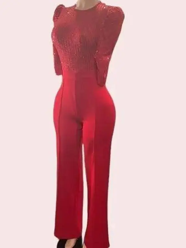 Womenswear Red Sparkly Jumpsuit Sequined Flared Leg Elegant Fit Perfect for Evening Wear Long Sleeve Minimalist Outfit Basic Womenswear Overalls