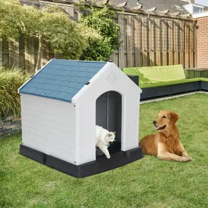 ZENY Plastic Dog House, 27'' Waterproof Indoor/Outdoor Small Medium Pet Kennel with Air Vents & Elevated Floor, Blue, 27''L*25.6''W*27''H