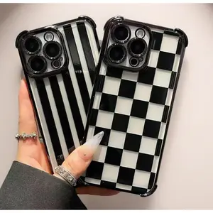 Black checkered four-corner drop-proof TPU phone case for iPhone Samsung Galaxy 17 Air 16Pro Max 15 14Plus 13 12 11 XR XS S25 S24 S23  Simple and stylish camera protection Shockproof Anti-Drop Shockproof Drop Protection Durable Phone Case