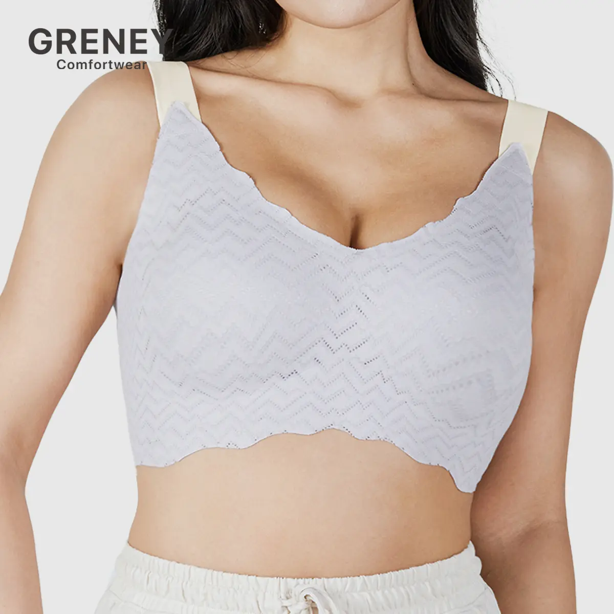 GRENEY-Gplus-Large Bust Embroidered Jacquard Bra Plus Size Wavy Jacquard Back Hook Breathable Adjustable strap Comfortable Women Lingerie 3/4 Coverage Wireless Seamless -89685