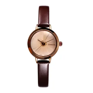 Women Genuine Leather Watch: Elegant Small Round Dial Analog Quartz Watches Simple Bar-shaped Markers Wristwatch